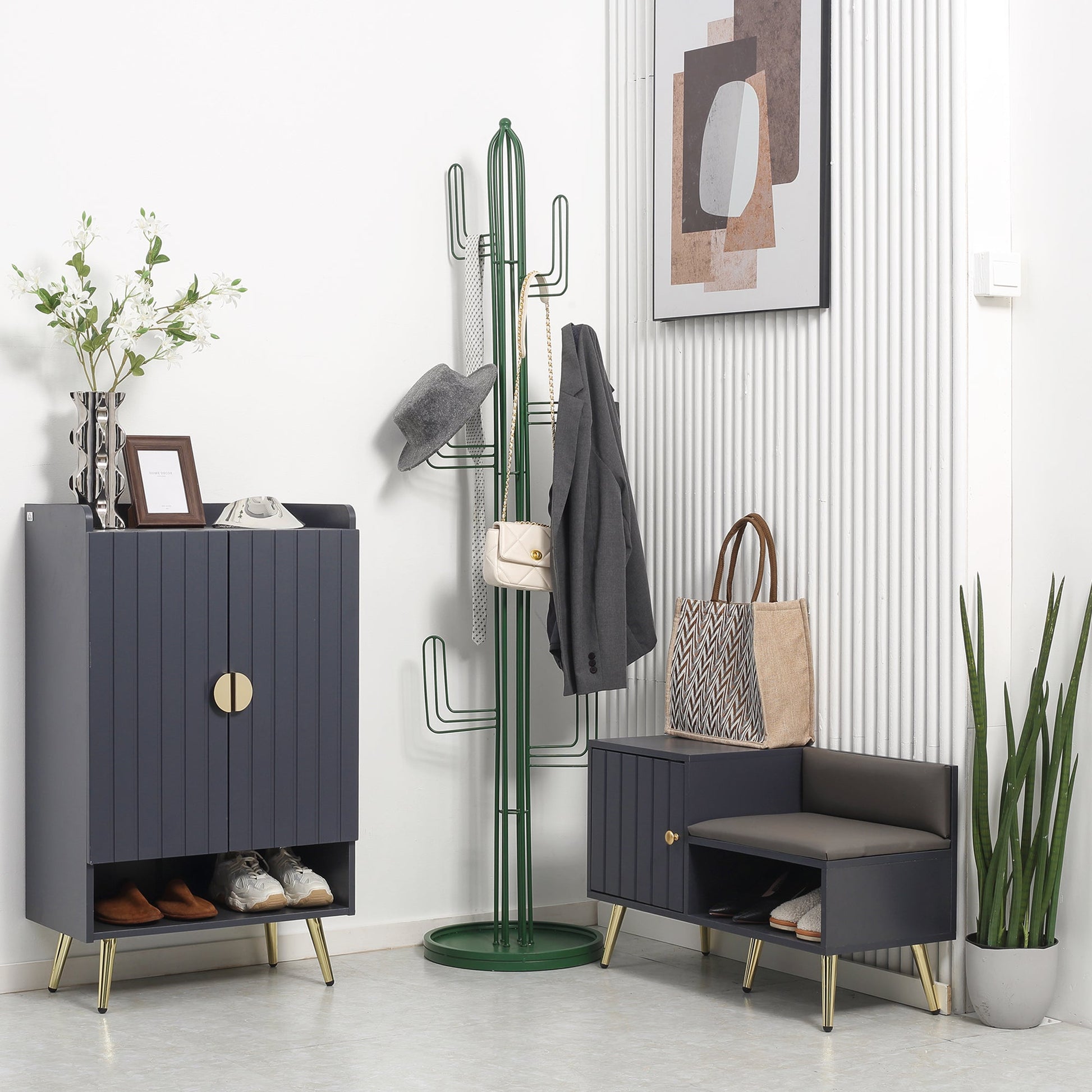 Banco Sapateira com Almofada – Modelo "Skagen" | Estrutura em Madeira e Aço, 80x33x49 cm – Cinza Escuro - A minha loja