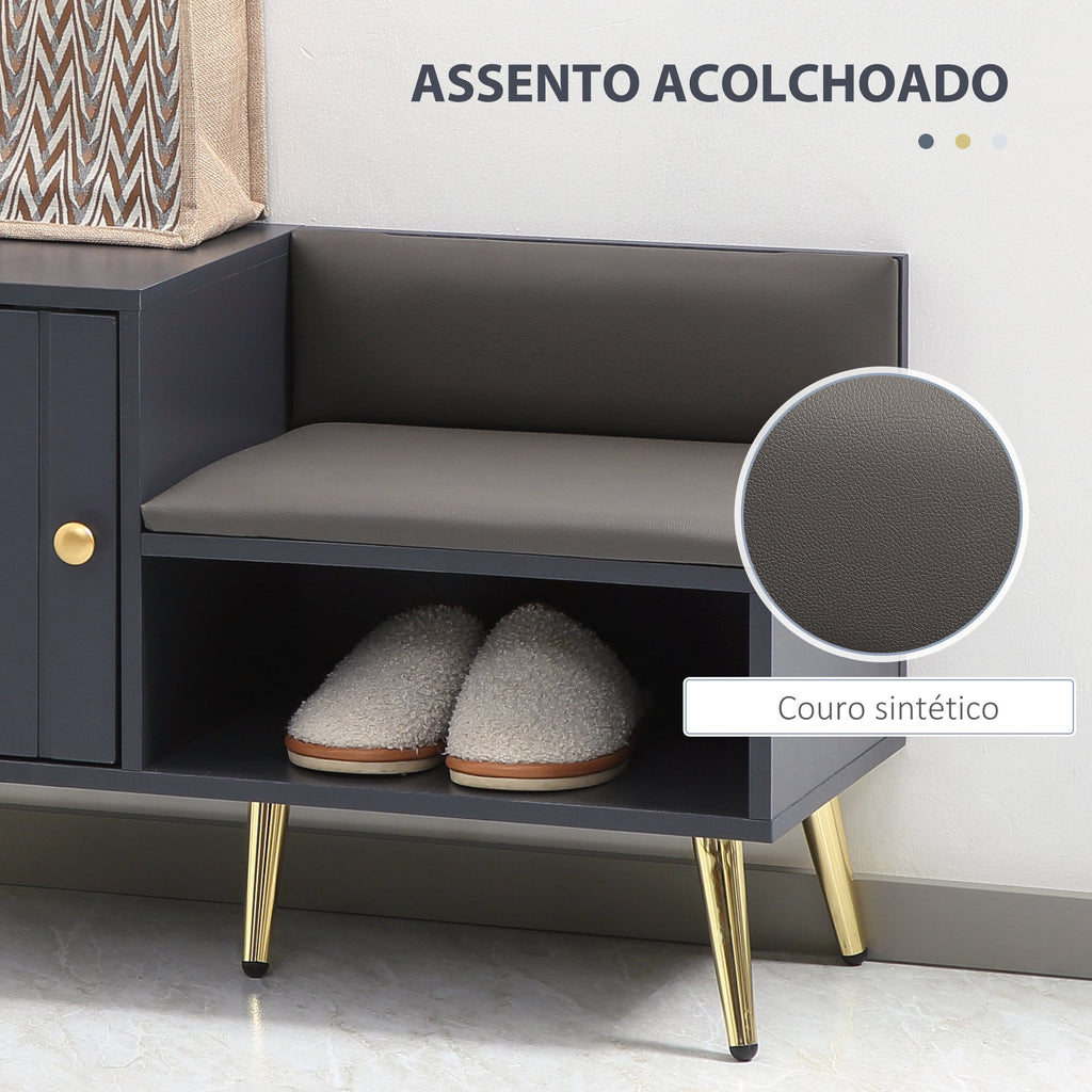 Banco Sapateira com Almofada – Modelo "Skagen" | Estrutura em Madeira e Aço, 80x33x49 cm – Cinza Escuro - A minha loja