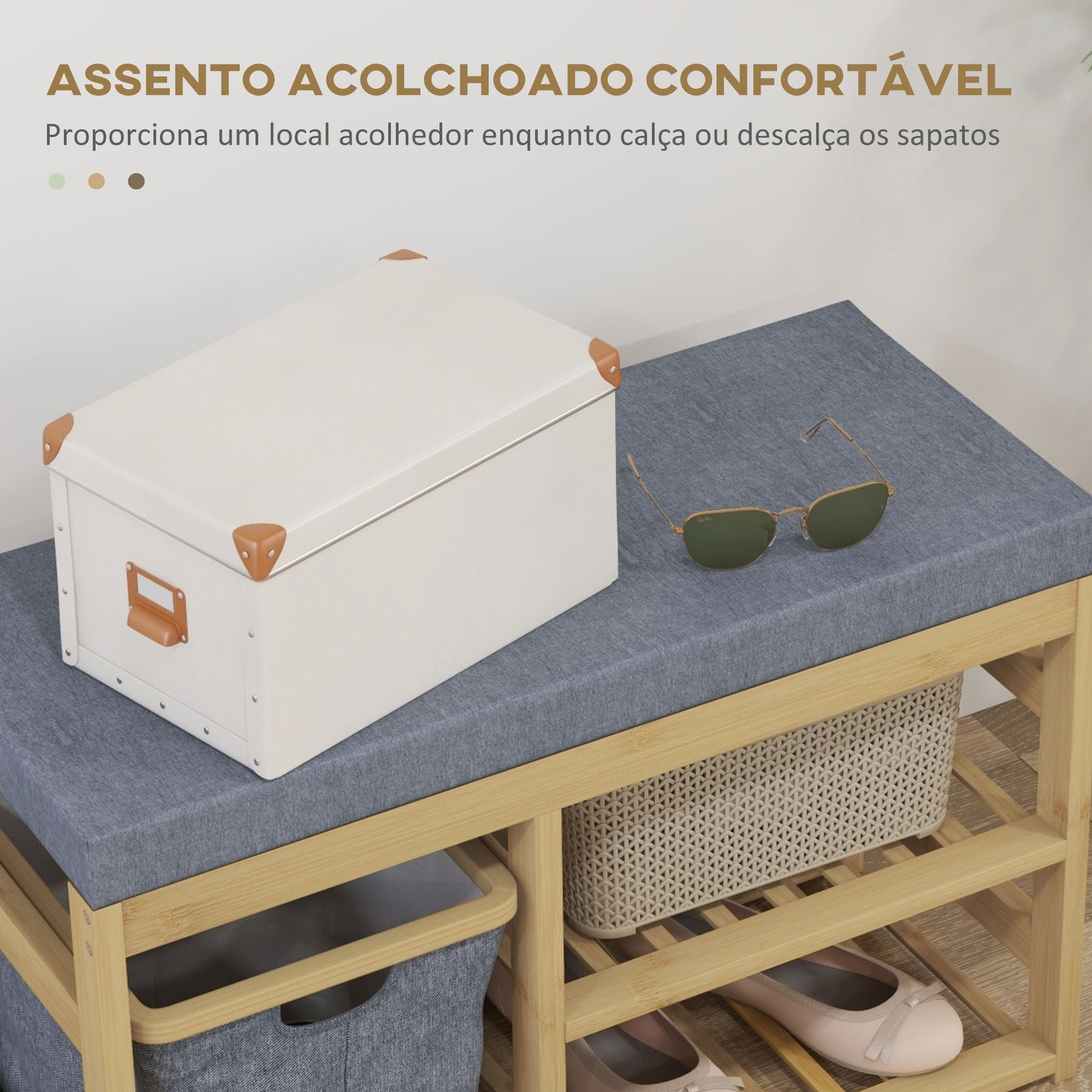 Banco Sapateira em Bambu com Almofada – Modelo "Lillehammer" | 69x30x45 cm – Madeira Natural e Cinza - A minha loja