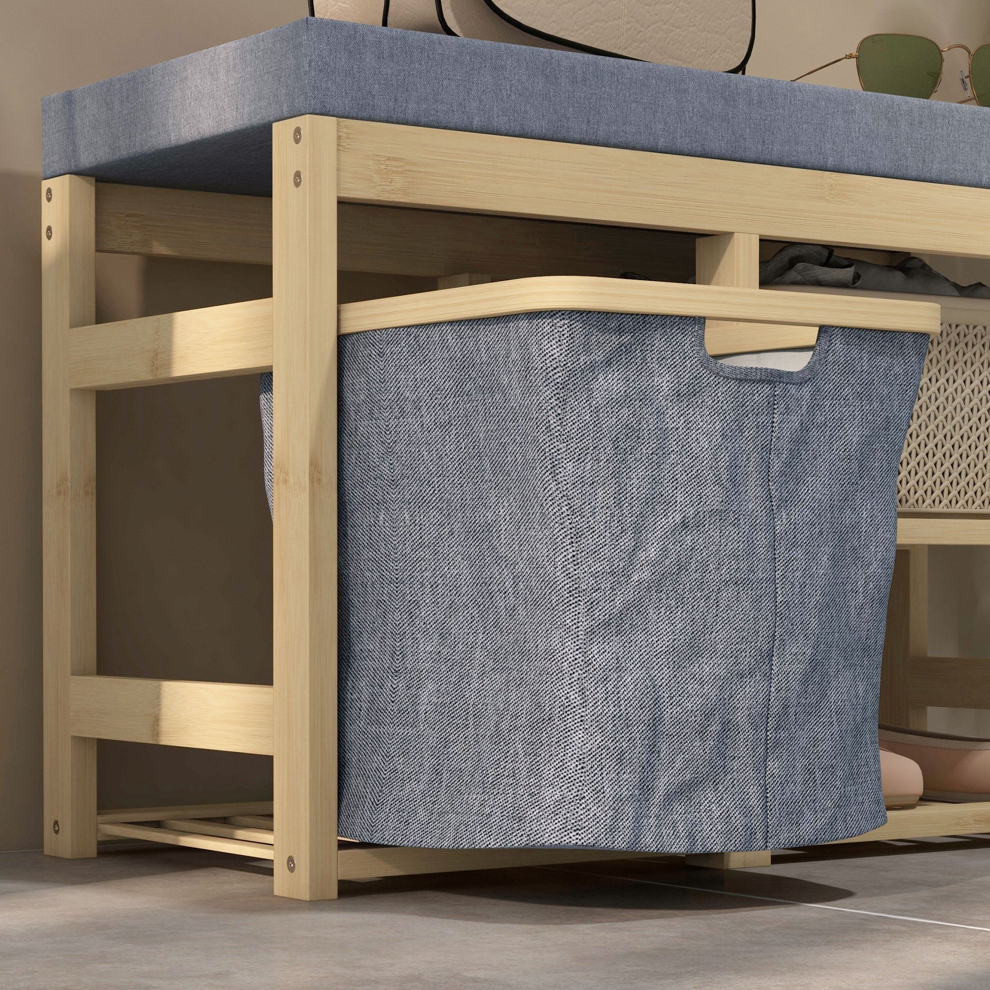 Banco Sapateira em Bambu com Almofada – Modelo "Lillehammer" | 69x30x45 cm – Madeira Natural e Cinza - A minha loja