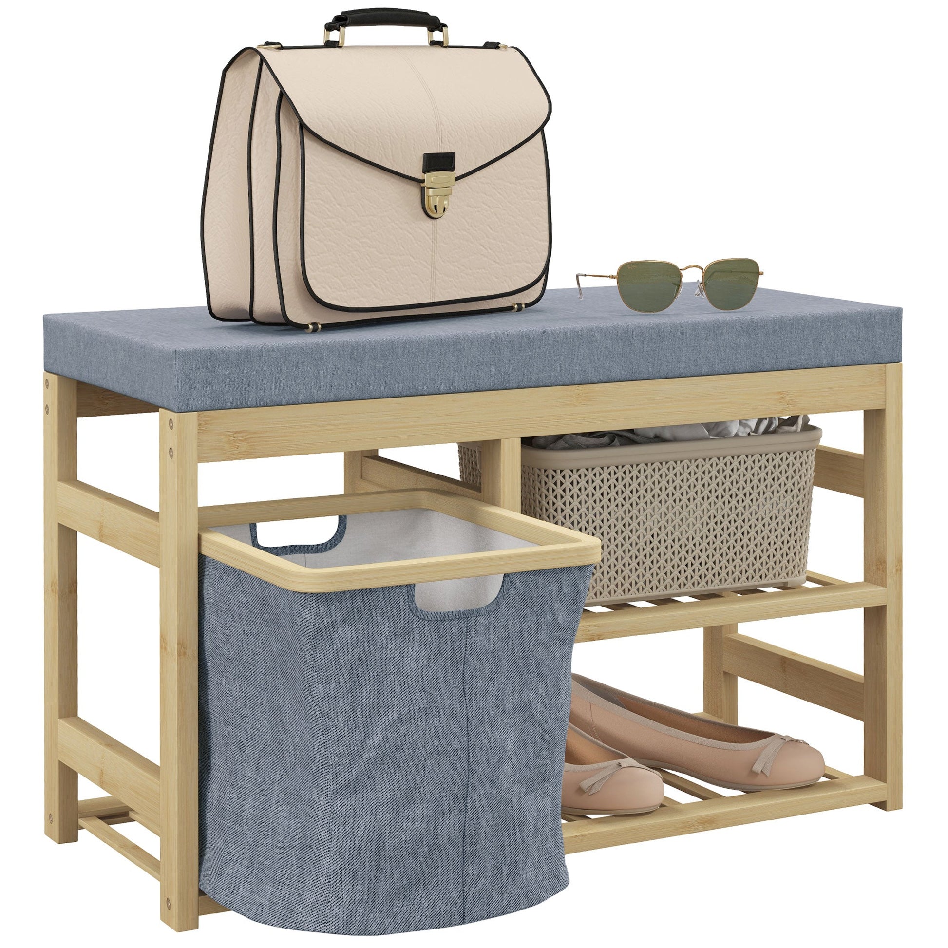 Banco Sapateira em Bambu com Almofada – Modelo "Lillehammer" | 69x30x45 cm – Madeira Natural e Cinza - A minha loja