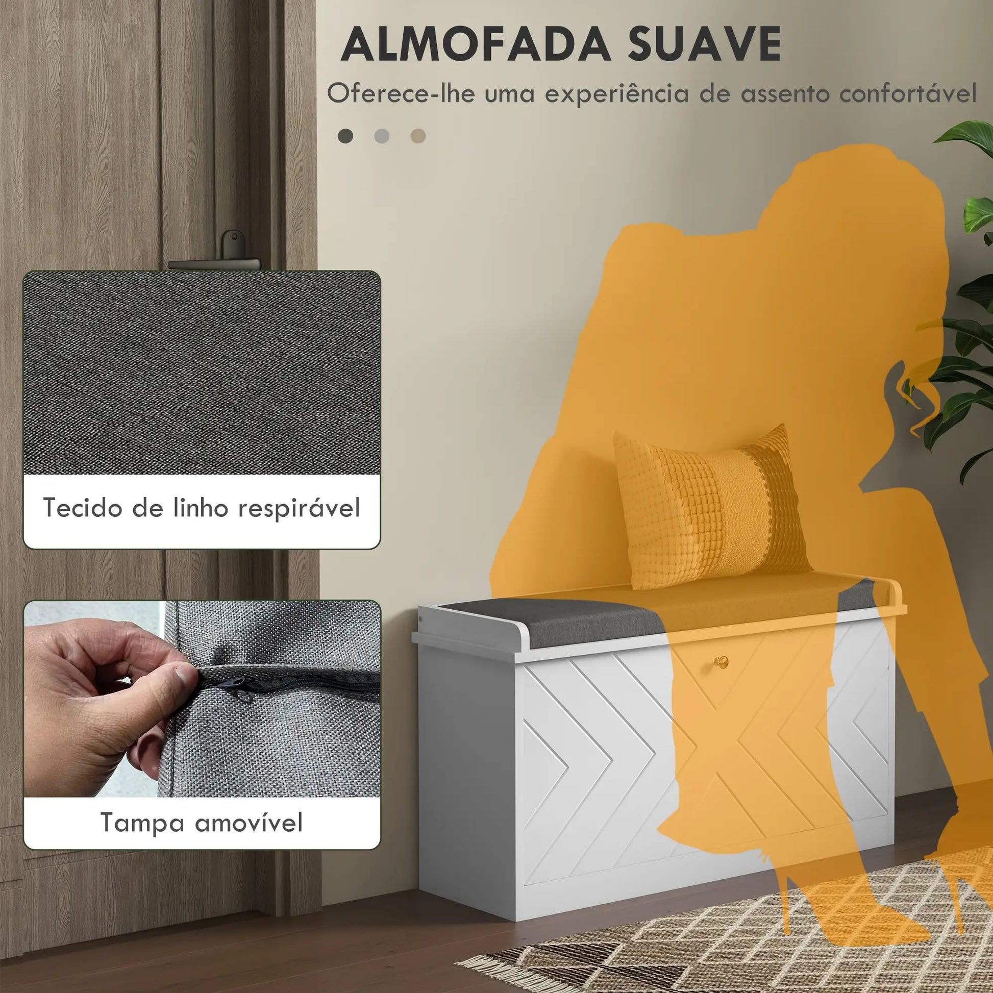 Banco Sapateira “Løvik” – Móvel de Entrada com Almofada e Prateleiras Ajustáveis para 8 Pares de Sapatos | 80x26x44,5 cm – Branco - A minha loja