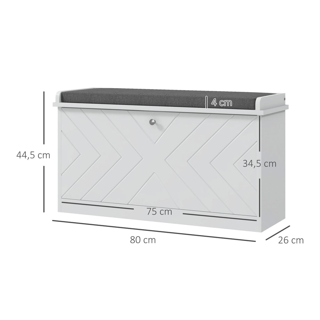 Banco Sapateira “Løvik” – Móvel de Entrada com Almofada e Prateleiras Ajustáveis para 8 Pares de Sapatos | 80x26x44,5 cm – Branco - A minha loja