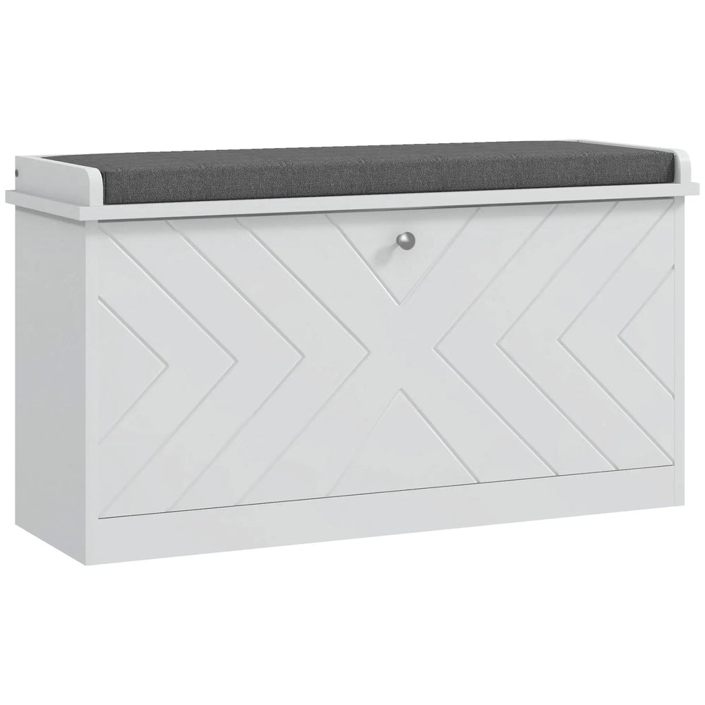 Banco Sapateira “Løvik” – Móvel de Entrada com Almofada e Prateleiras Ajustáveis para 8 Pares de Sapatos | 80x26x44,5 cm – Branco - A minha loja