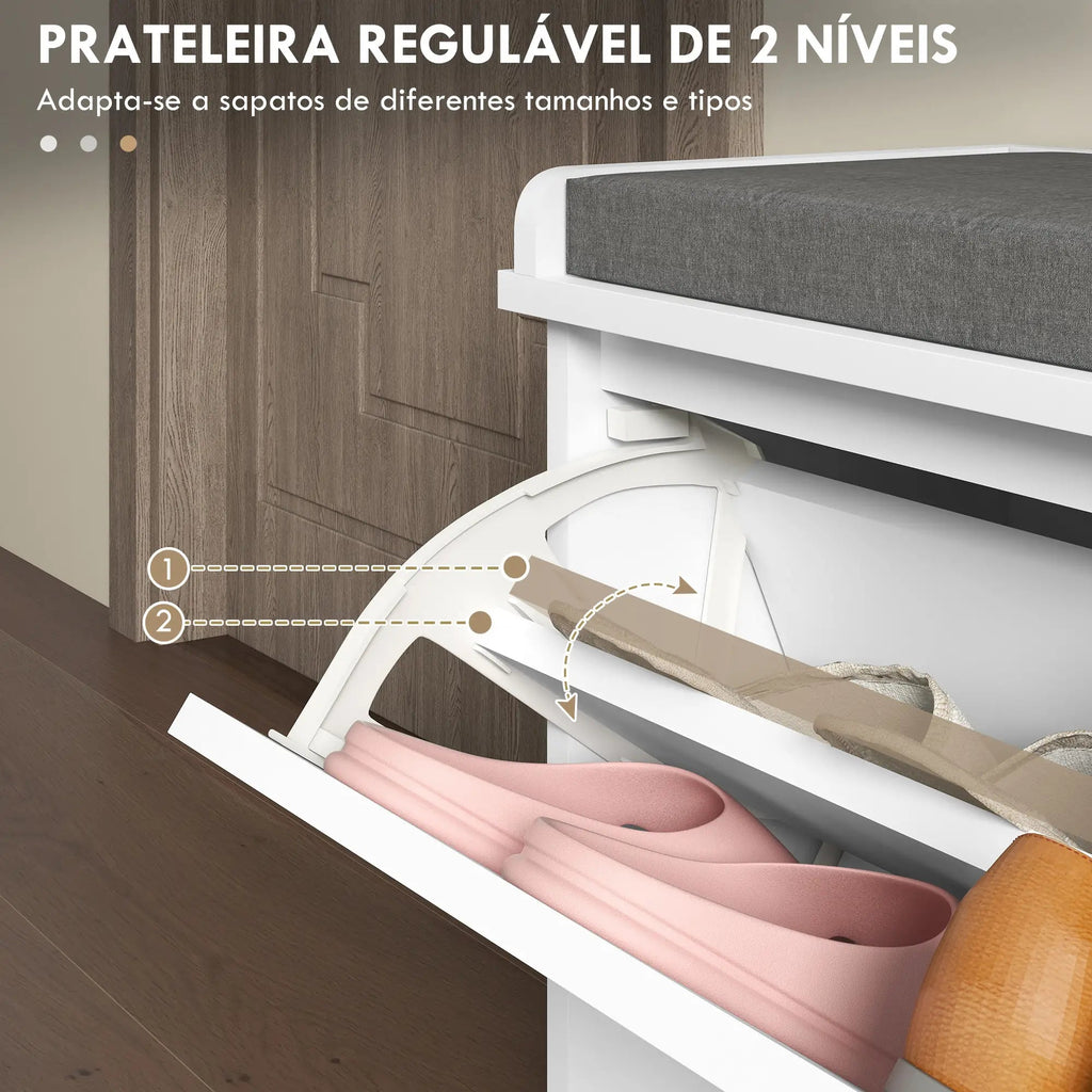 Banco Sapateira “Løvik” – Móvel de Entrada com Almofada e Prateleiras Ajustáveis para 8 Pares de Sapatos | 80x26x44,5 cm – Branco - A minha loja