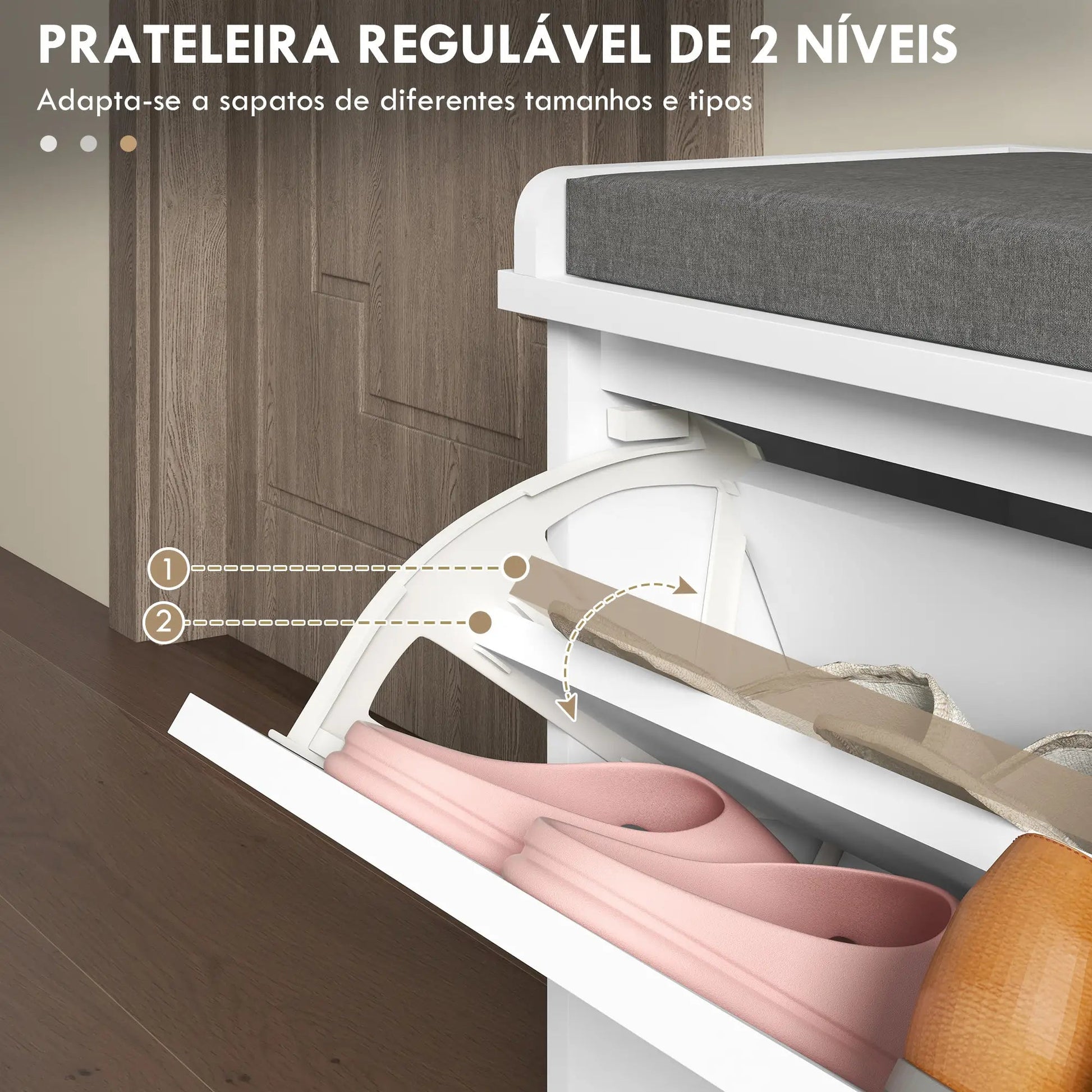 Banco Sapateira “Løvik” – Móvel de Entrada com Almofada e Prateleiras Ajustáveis para 8 Pares de Sapatos | 80x26x44,5 cm – Branco - A minha loja