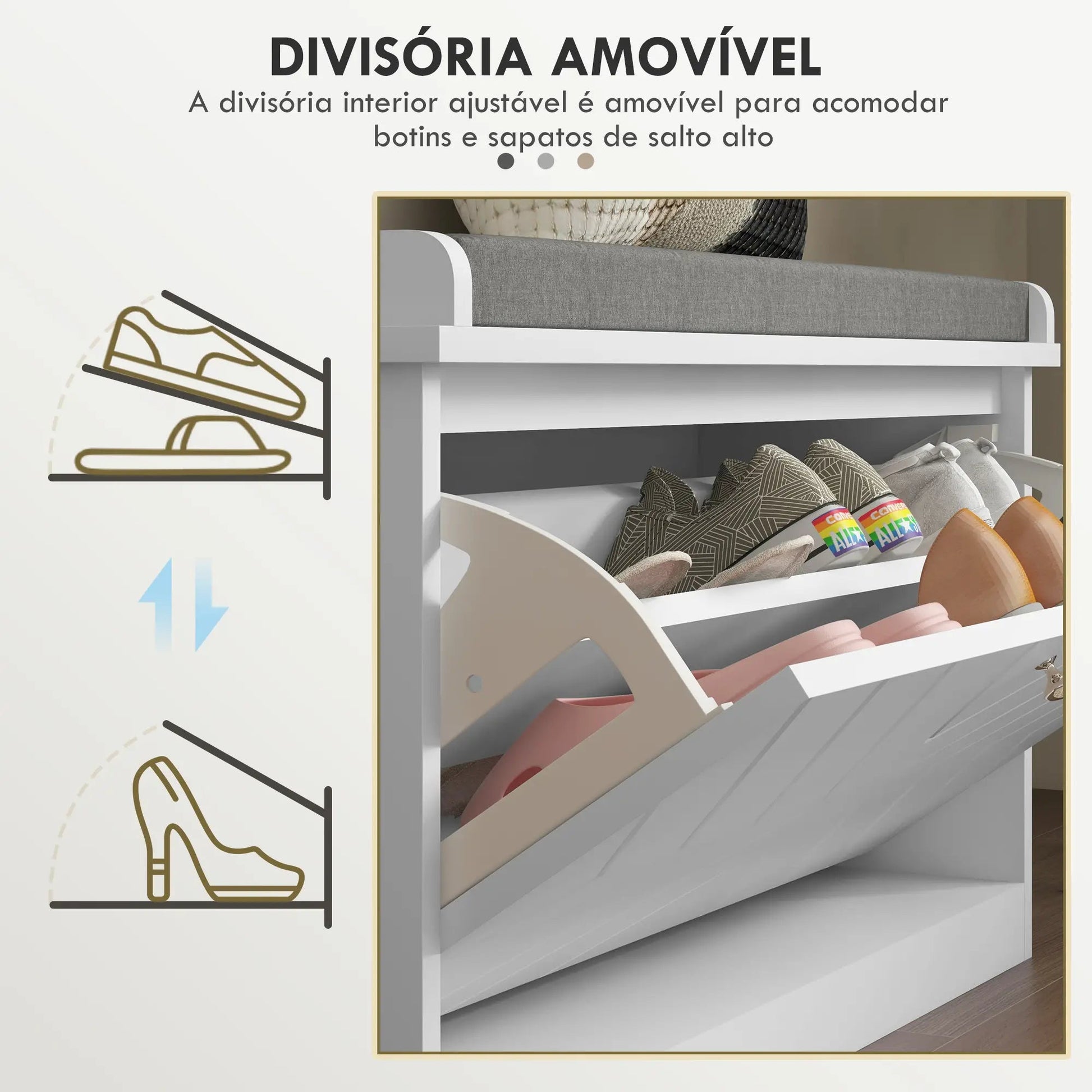 Banco Sapateira “Løvik” – Móvel de Entrada com Almofada e Prateleiras Ajustáveis para 8 Pares de Sapatos | 80x26x44,5 cm – Branco - A minha loja