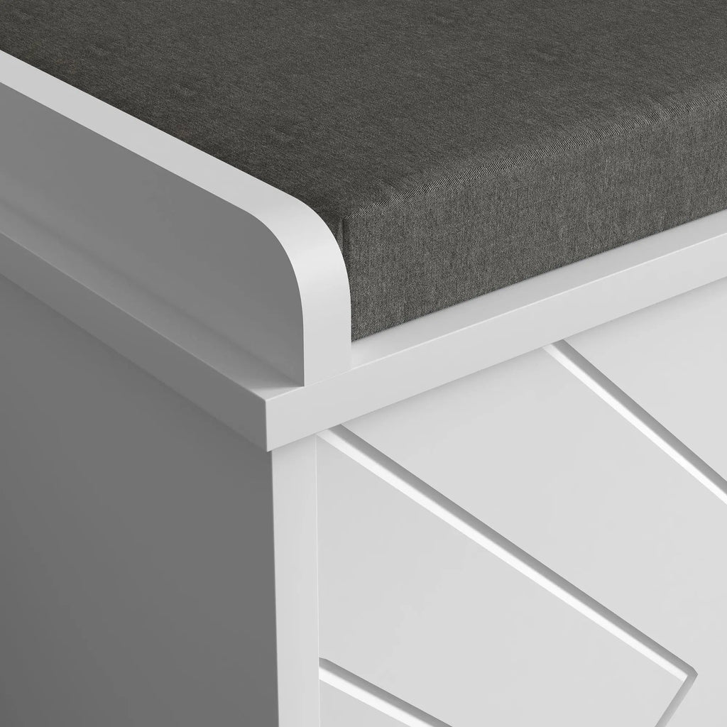 Banco Sapateira “Løvik” – Móvel de Entrada com Almofada e Prateleiras Ajustáveis para 8 Pares de Sapatos | 80x26x44,5 cm – Branco - A minha loja