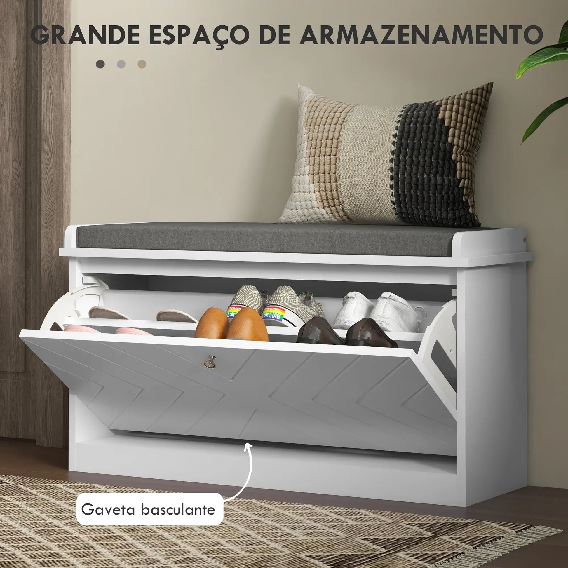 Banco Sapateira “Løvik” – Móvel de Entrada com Almofada e Prateleiras Ajustáveis para 8 Pares de Sapatos | 80x26x44,5 cm – Branco - A minha loja