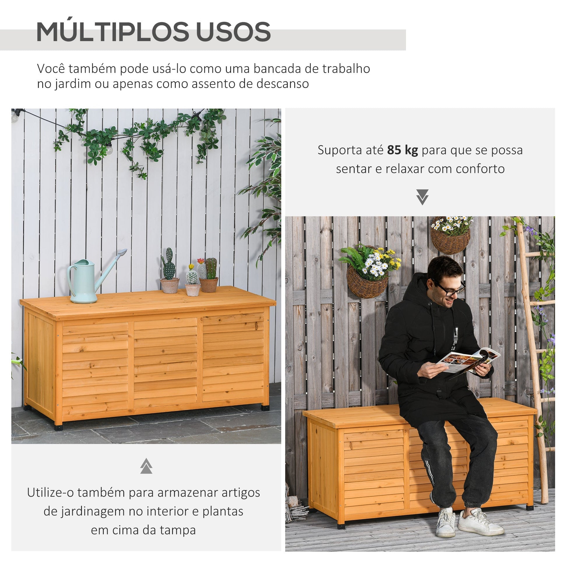 Baú de Armazenamento em Madeira – 127x56x60 cm – Tampa Abatível, Design de Persiana e Proteção contra Intempéries - A minha loja
