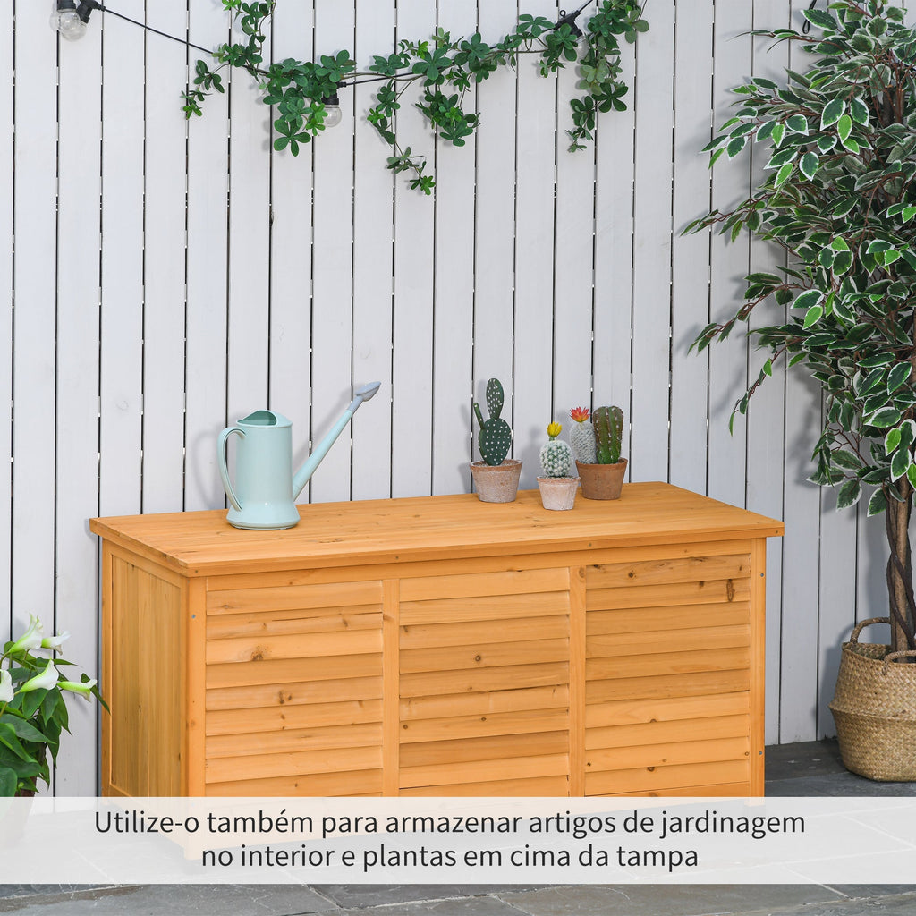 Baú de Armazenamento em Madeira – 127x56x60 cm – Tampa Abatível, Design de Persiana e Proteção contra Intempéries - A minha loja