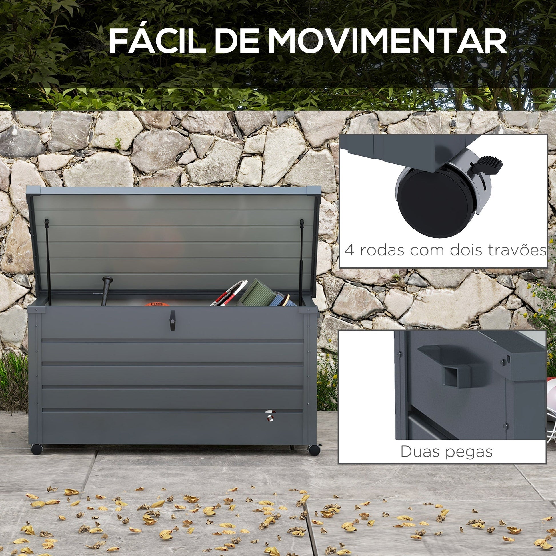 Baú de Armazenamento para Exterior – Aço Galvanizado – 311L – 120x62x66 cm – Cinza Escuro - A minha loja
