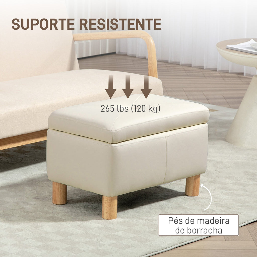 Baú Puff de Armazenamento "Lykke" – 33L – Estofado em Couro PU – 60x38x40 cm – Creme - A minha loja