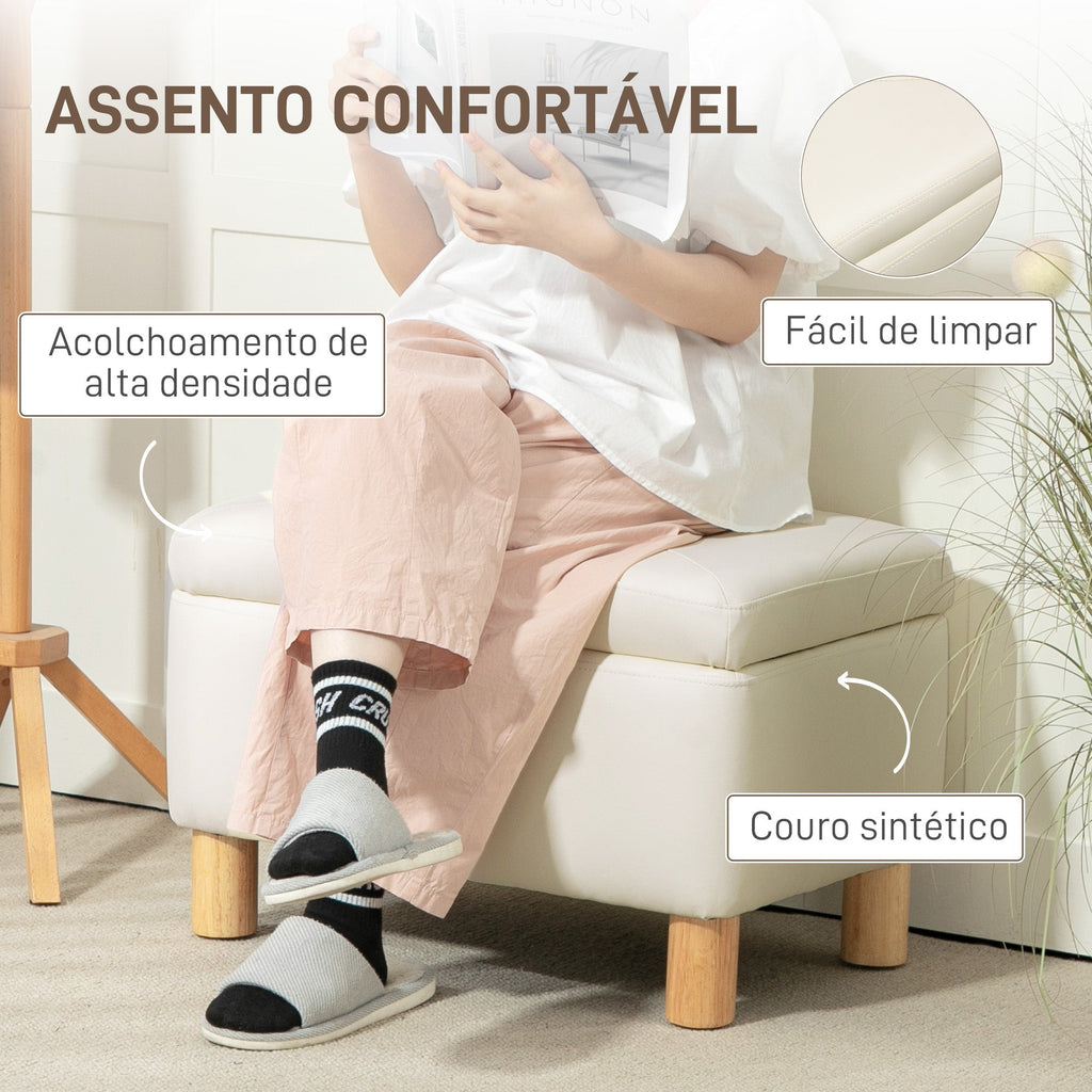 Baú Puff de Armazenamento "Lykke" – 33L – Estofado em Couro PU – 60x38x40 cm – Creme - A minha loja