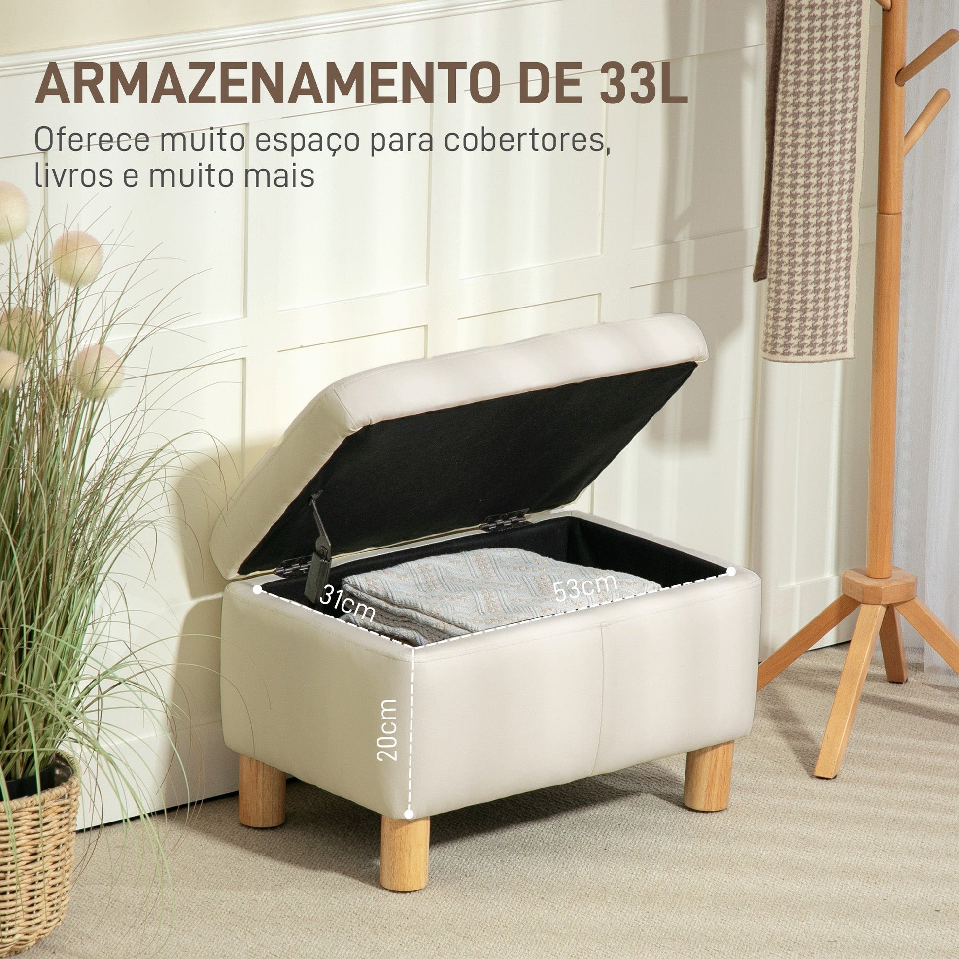 Baú Puff de Armazenamento "Lykke" – 33L – Estofado em Couro PU – 60x38x40 cm – Creme - A minha loja