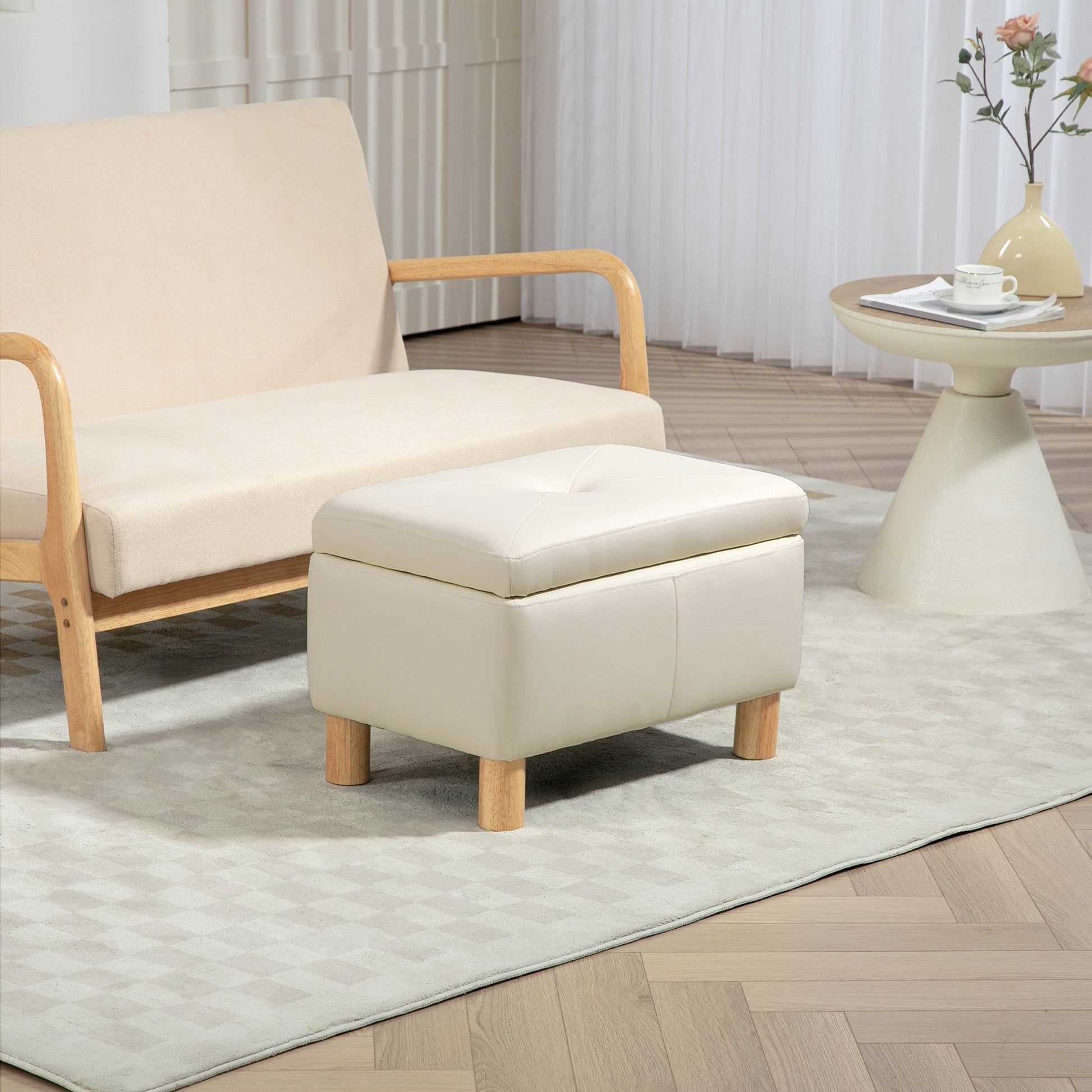 Baú Puff de Armazenamento "Lykke" – 33L – Estofado em Couro PU – 60x38x40 cm – Creme - A minha loja