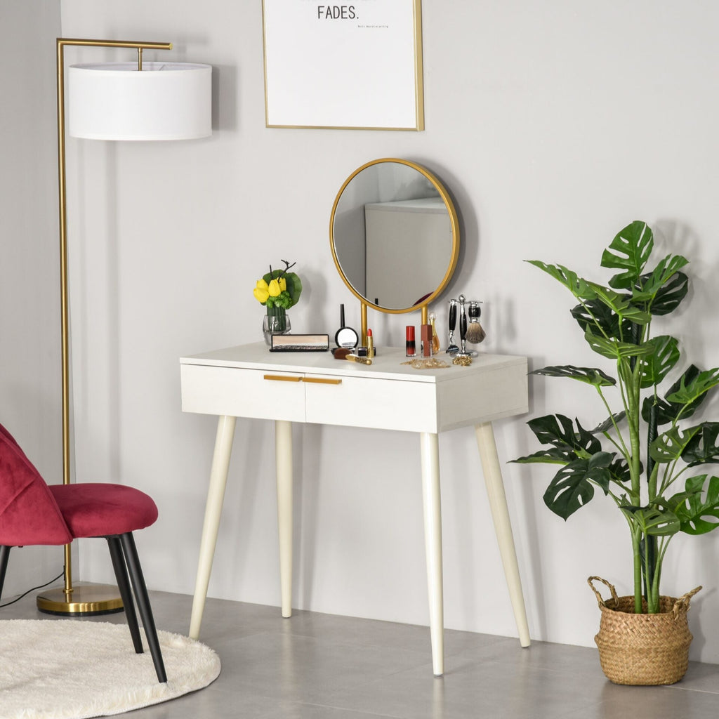 Toucador com Espelho Redondo Mesa de Maquilhagem com 2 Gavetas Estilo Moderno para Dormitório 80x40x123cm Branco