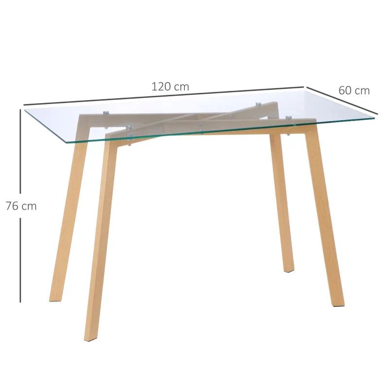 Mesa de Jantar para 4 Pessoas Mesa de Cozinha Moderna com Bancada de Vidro Temperado e Pés de Aço com Efeito de Madeira para Sala de Jantar 120x60x76cm Transparente e Madeira