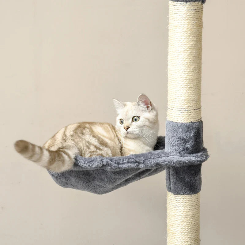 PawHut Árvore Arranhador para Gatos Grande 60x60x200cm com 2 Cavernas 2 Redes Cama Múltiplas Plataformas Postes Arranhadores de Sisal Natural e Bolas de Brinquedo Cinza