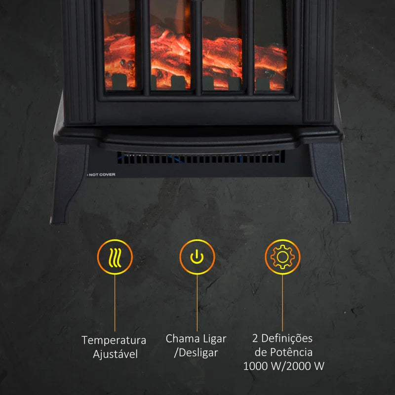 Lareira Elétrica Portátil 1000/2000W com Simulação de Chama Realista Termostato para Salas de até 20m² 36,5x24x46cm Preto