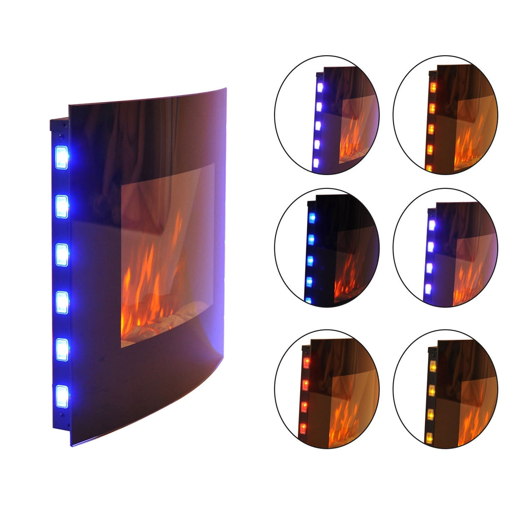 Lareira Elétrica de Parede com Efeito de Chamas Realistas e Luzes LED em 7 Cores com Controlo Remoto Potência 900W/1800W 65x11,4x52cm Preto