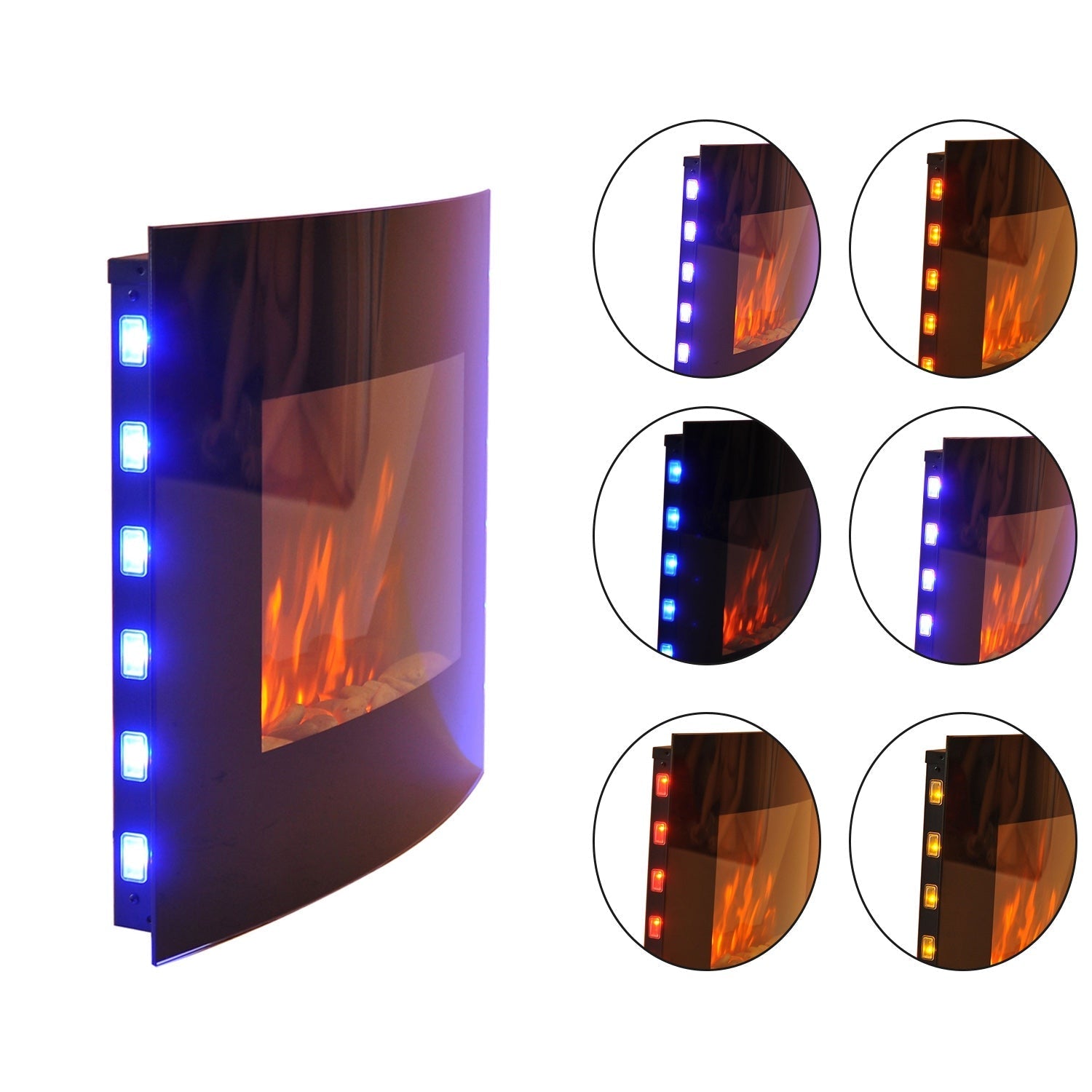 Lareira Elétrica de Parede com Efeito de Chamas Realistas e Luzes LED em 7 Cores com Controlo Remoto Potência 900W/1800W 65x11,4x52cm Preto