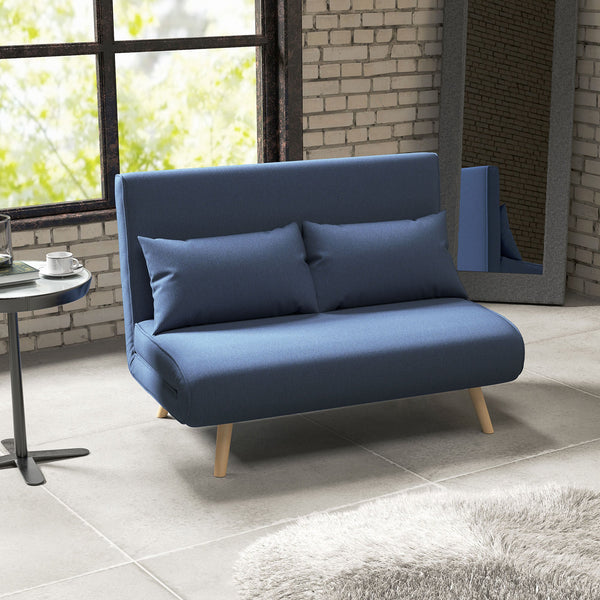 Sofá Cama de 2 Lugares Sofá Cama Dobrável Estofado em Linho com Encosto Ajustável em 5 Posições e 2 Almofadas Sofá Cama Pequeno para Sala de Estar 120x75x85 cm Azul Escuro
