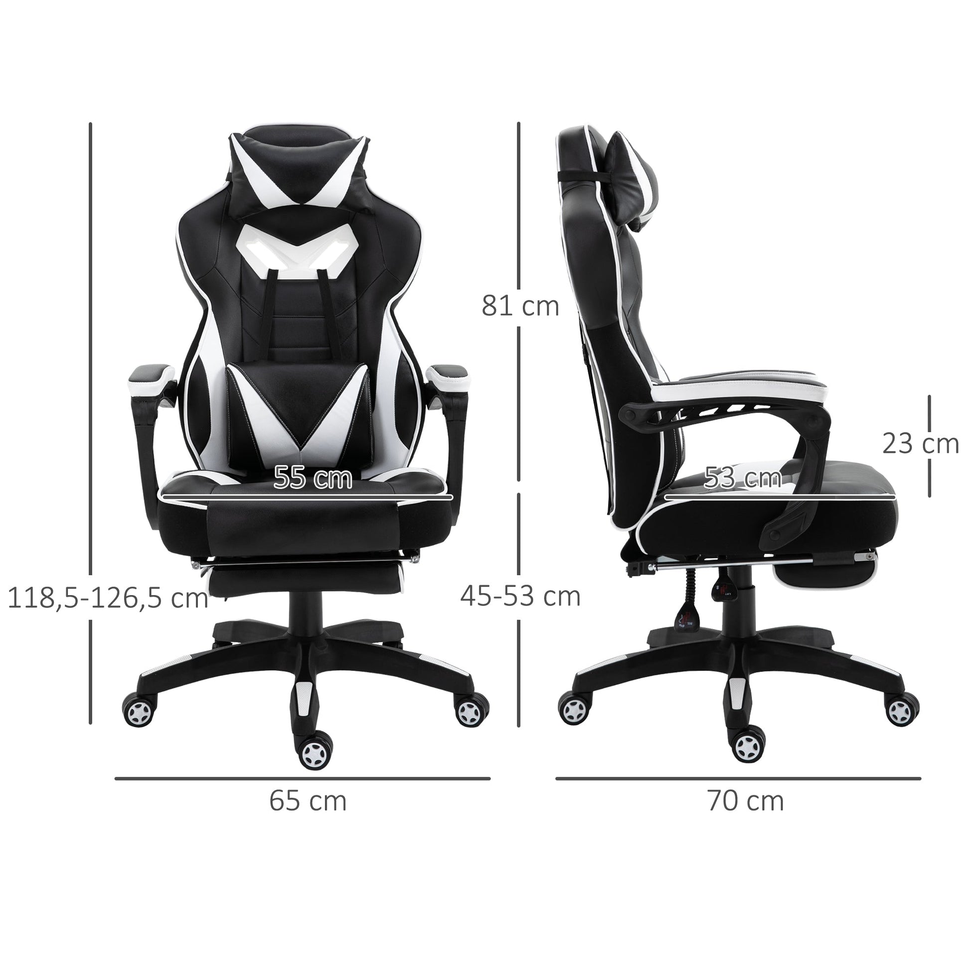 Cadeira de escritorio gaming ergonômica Altura ajustável Reclinável Encosto com apoio para pés Encosto de cabeça Almofada lombar Rodas 65x70x118,5-126,5 cm Branco e Preto