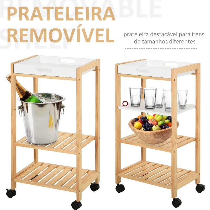 Carrinho de cozinha Carrinho de serviço doméstico de 4 niveis com bandeja removível Prateleira universal de rodas 40x30x76cm Madeira branca