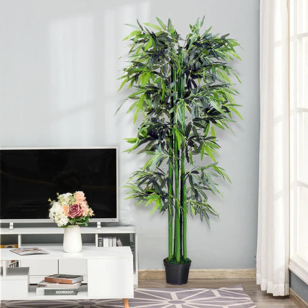 Bambú Artificial 180cm com Ramos Realistas Planta Sintética Decorativa com Vaso para Sala de Estar Escritório Ø20x180cm Verde