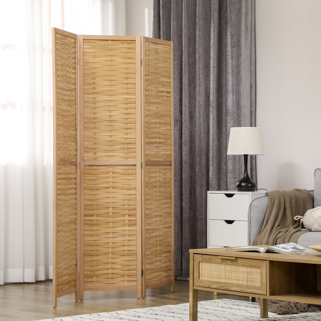 Biombo de 3 Paineis Separador de Ambientes Dobrável 120x1,8x170 cm Divisor de Ambientes com Padrão Tecido em Bambu Estilo Rústico para Escritório Dormitório Sala de Estar Madeira - A minha loja