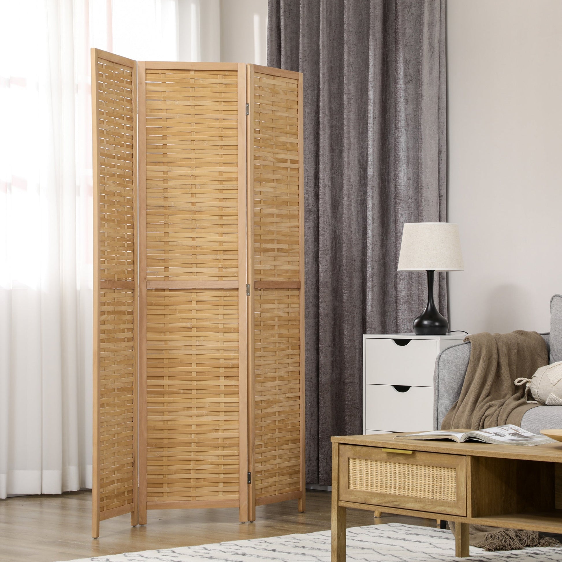 Biombo de 3 Paineis Separador de Ambientes Dobrável 120x1,8x170 cm Divisor de Ambientes com Padrão Tecido em Bambu Estilo Rústico para Escritório Dormitório Sala de Estar Madeira - A minha loja