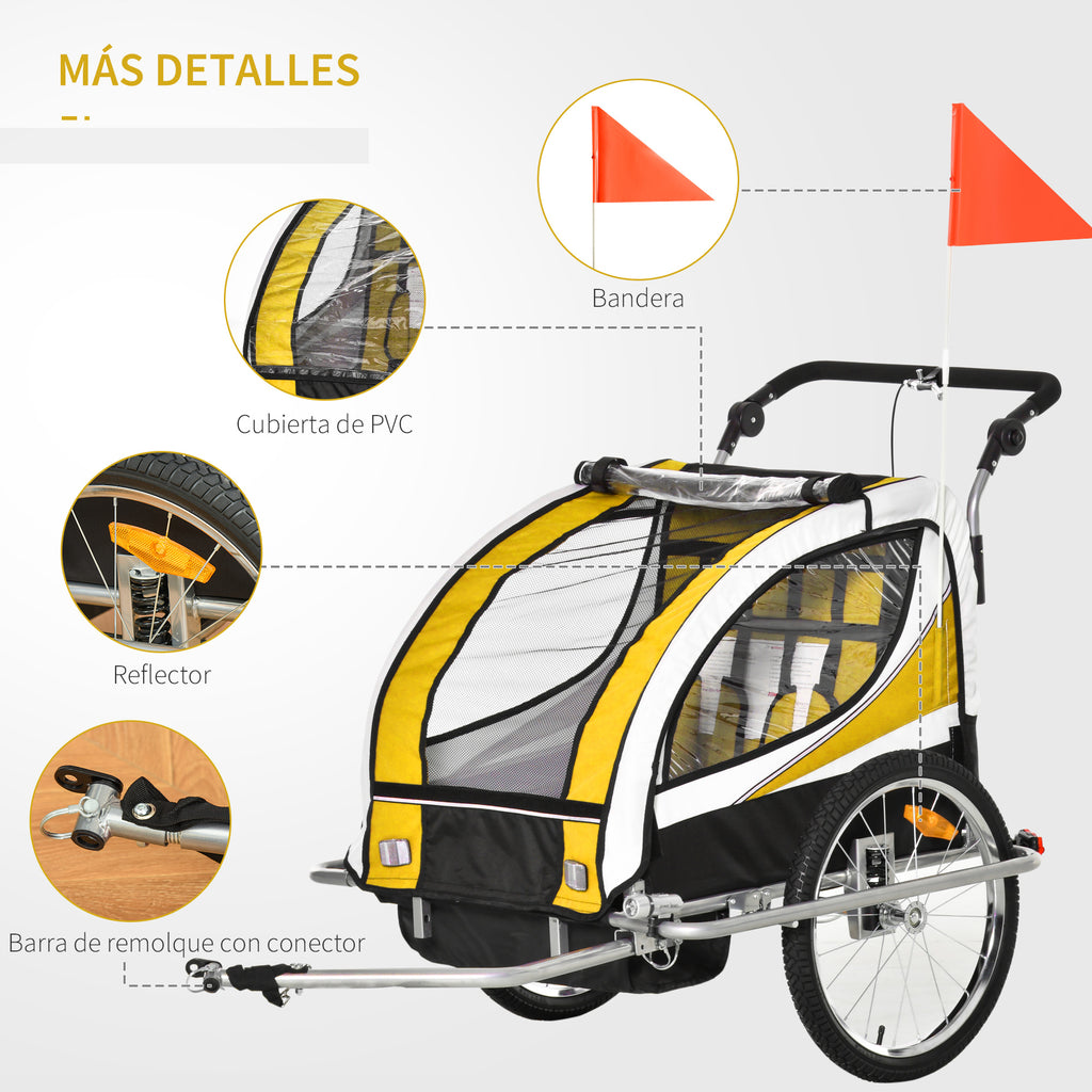 Reboque de Bicicleta para Crianças 2 em 1 com 2 Lugares Convertível em Carrinho de Passeio com Roda Dianteira Giratória a 360° Amarelo