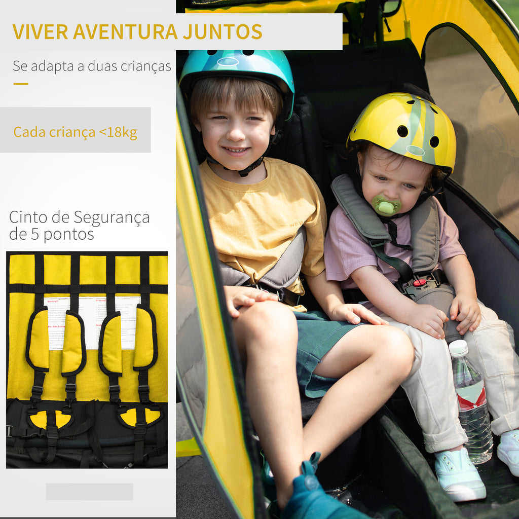 Reboque de Bicicleta para Crianças 2 em 1 com 2 Lugares Convertível em Carrinho de Passeio com Roda Dianteira Giratória a 360° Amarelo