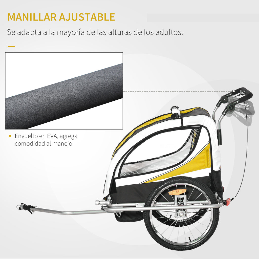 Reboque de Bicicleta para Crianças 2 em 1 com 2 Lugares Convertível em Carrinho de Passeio com Roda Dianteira Giratória a 360° Amarelo