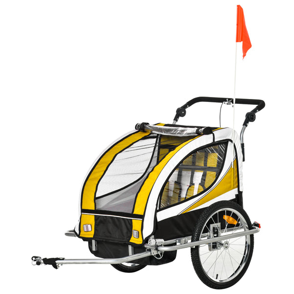 Reboque de Bicicleta para Crianças 2 em 1 com 2 Lugares Convertível em Carrinho de Passeio com Roda Dianteira Giratória a 360° Amarelo