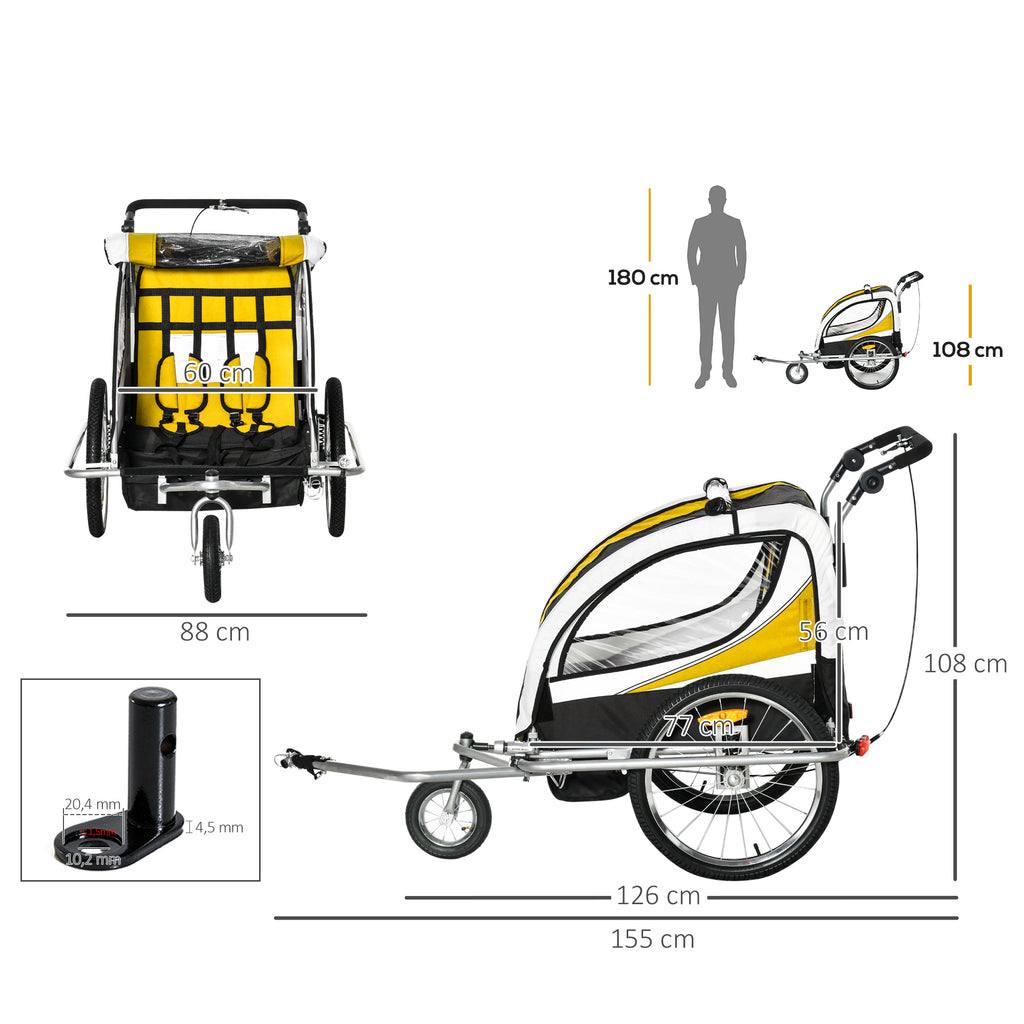 Reboque de Bicicleta para Crianças 2 em 1 com 2 Lugares Convertível em Carrinho de Passeio com Roda Dianteira Giratória a 360° Amarelo