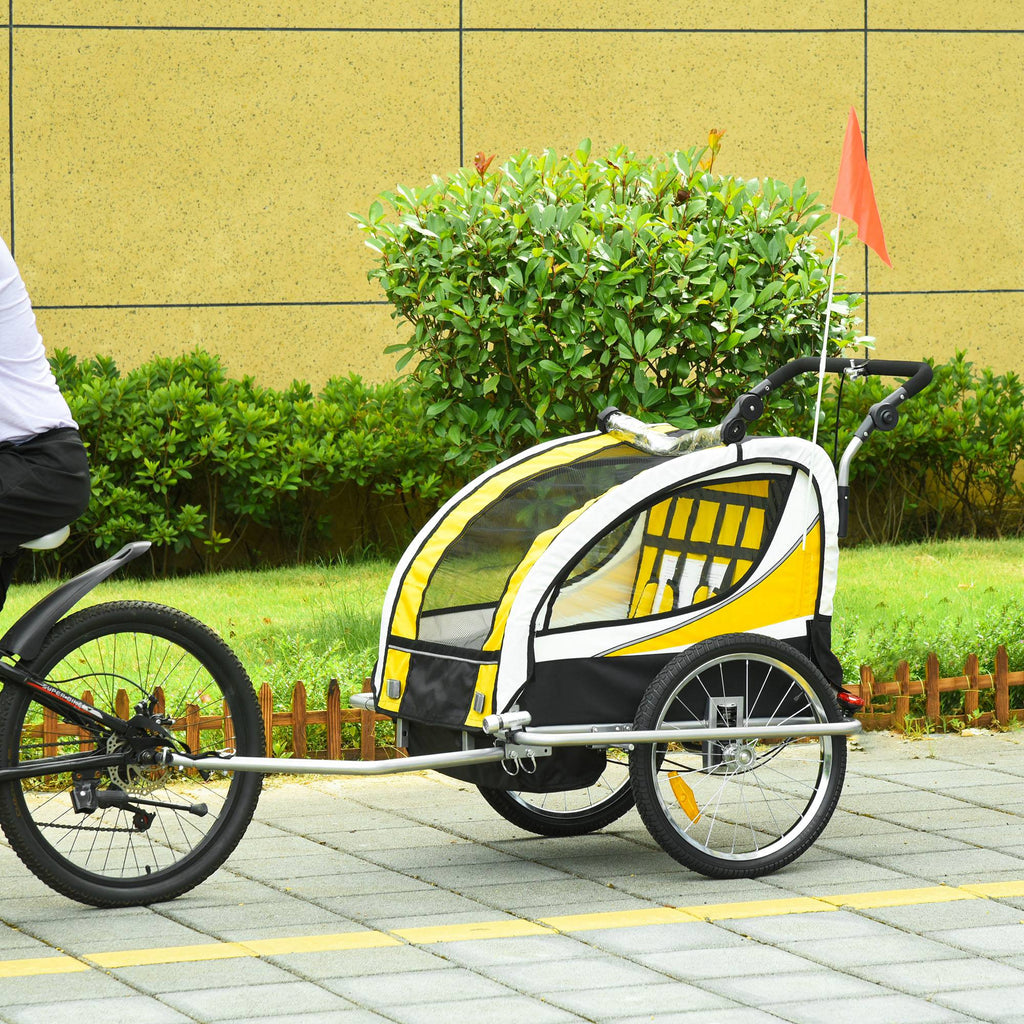 Reboque de Bicicleta para Crianças 2 em 1 com 2 Lugares Convertível em Carrinho de Passeio com Roda Dianteira Giratória a 360° Amarelo