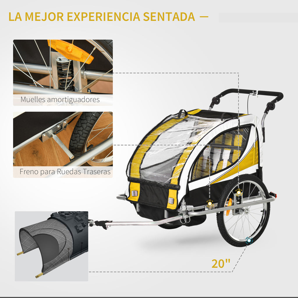 Reboque de Bicicleta para Crianças 2 em 1 com 2 Lugares Convertível em Carrinho de Passeio com Roda Dianteira Giratória a 360° Amarelo