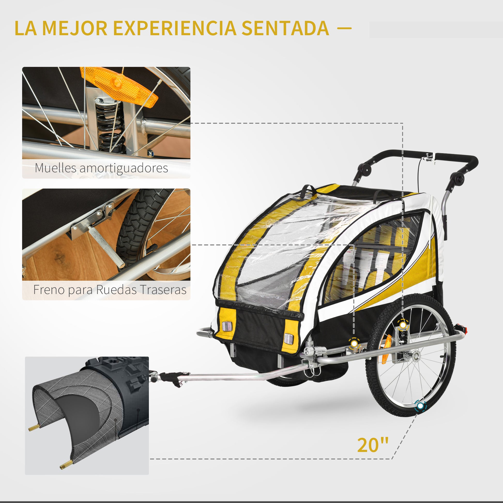 Reboque de Bicicleta para Crianças 2 em 1 com 2 Lugares Convertível em Carrinho de Passeio com Roda Dianteira Giratória a 360° Amarelo