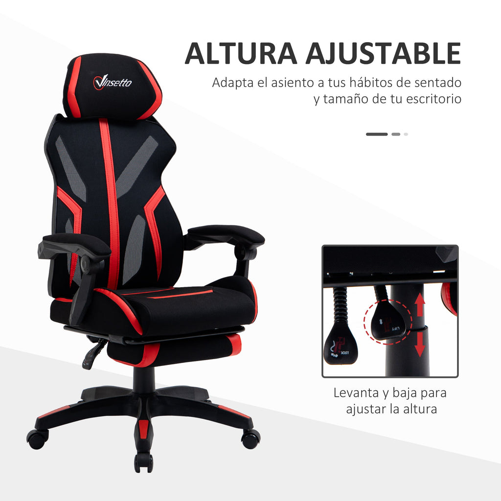 Cadeira de Gaming com Apoio para os Pés Retrátil Cadeira de Escritório Reclinável com Apoio para a Cabeça e Altura Ajustável 65x65x119-129cm Preto e Vermelho