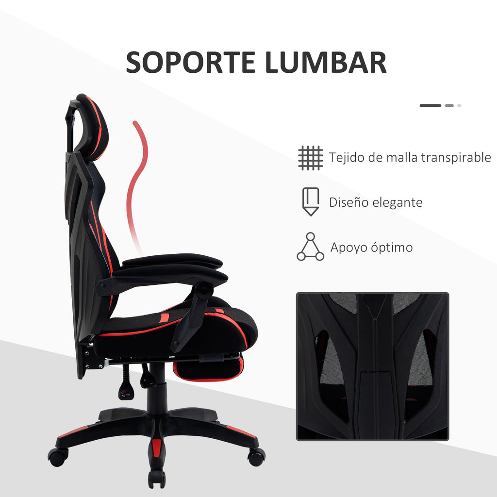 Cadeira de Gaming com Apoio para os Pés Retrátil Cadeira de Escritório Reclinável com Apoio para a Cabeça e Altura Ajustável 65x65x119-129cm Preto e Vermelho
