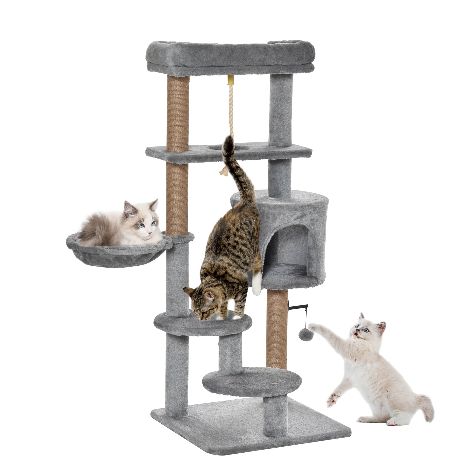 PawHut Arranhador para Gatos Altura 120 cm Torre para Gatos com Plataforma Caverna Rede Postes de Juta Corda e Bola Suspensa 48x48x120 cm Cinza