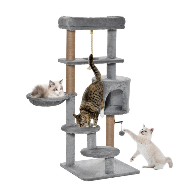 PawHut Arranhador para Gatos Altura 120 cm Torre para Gatos com Plataforma Caverna Rede Postes de Juta Corda e Bola Suspensa 48x48x120 cm Cinza