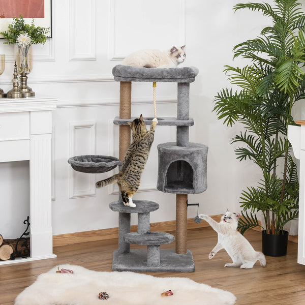 PawHut Arranhador para Gatos Altura 120 cm Torre para Gatos com Plataforma Caverna Rede Postes de Juta Corda e Bola Suspensa 48x48x120 cm Cinza