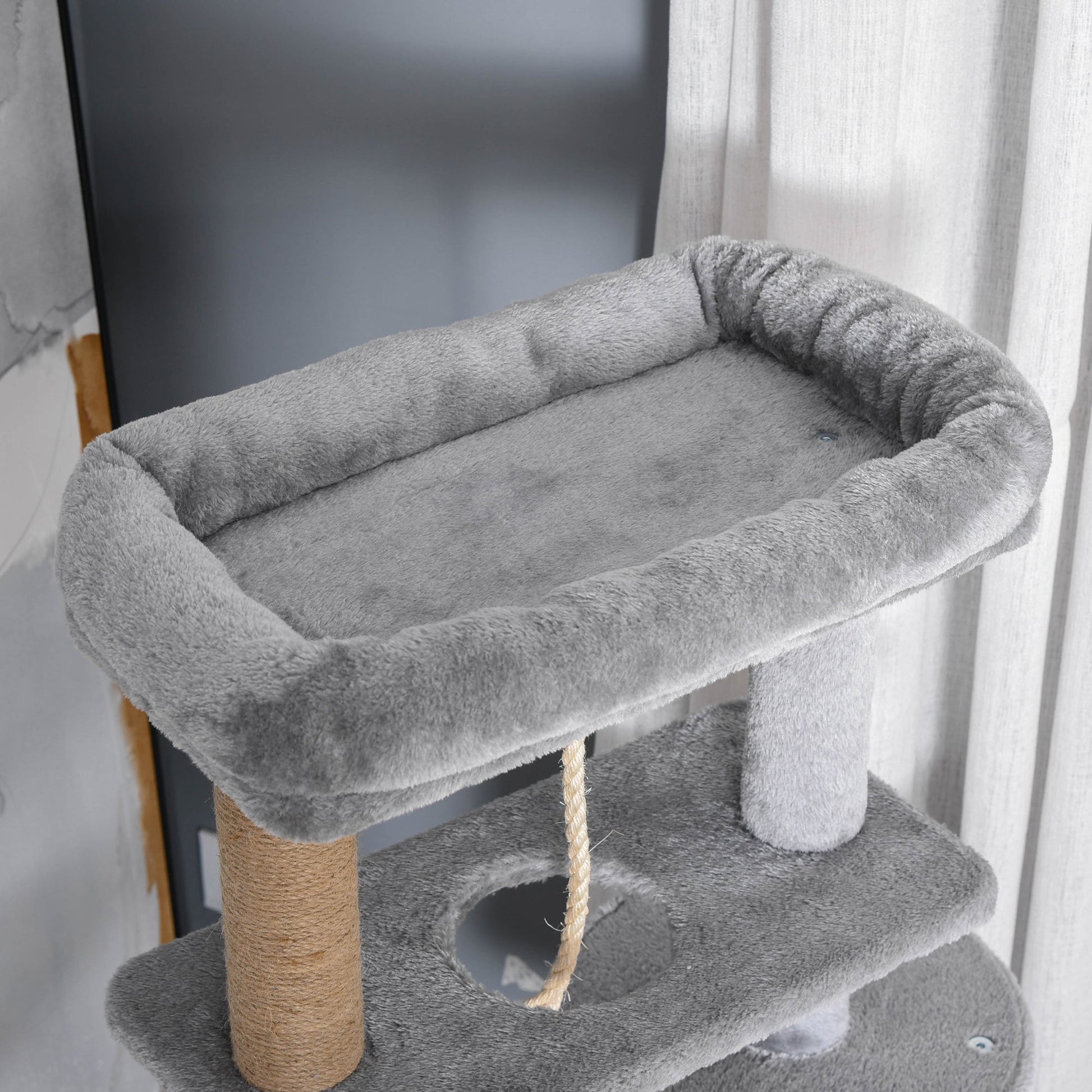 PawHut Arranhador para Gatos Altura 120 cm Torre para Gatos com Plataforma Caverna Rede Postes de Juta Corda e Bola Suspensa 48x48x120 cm Cinza