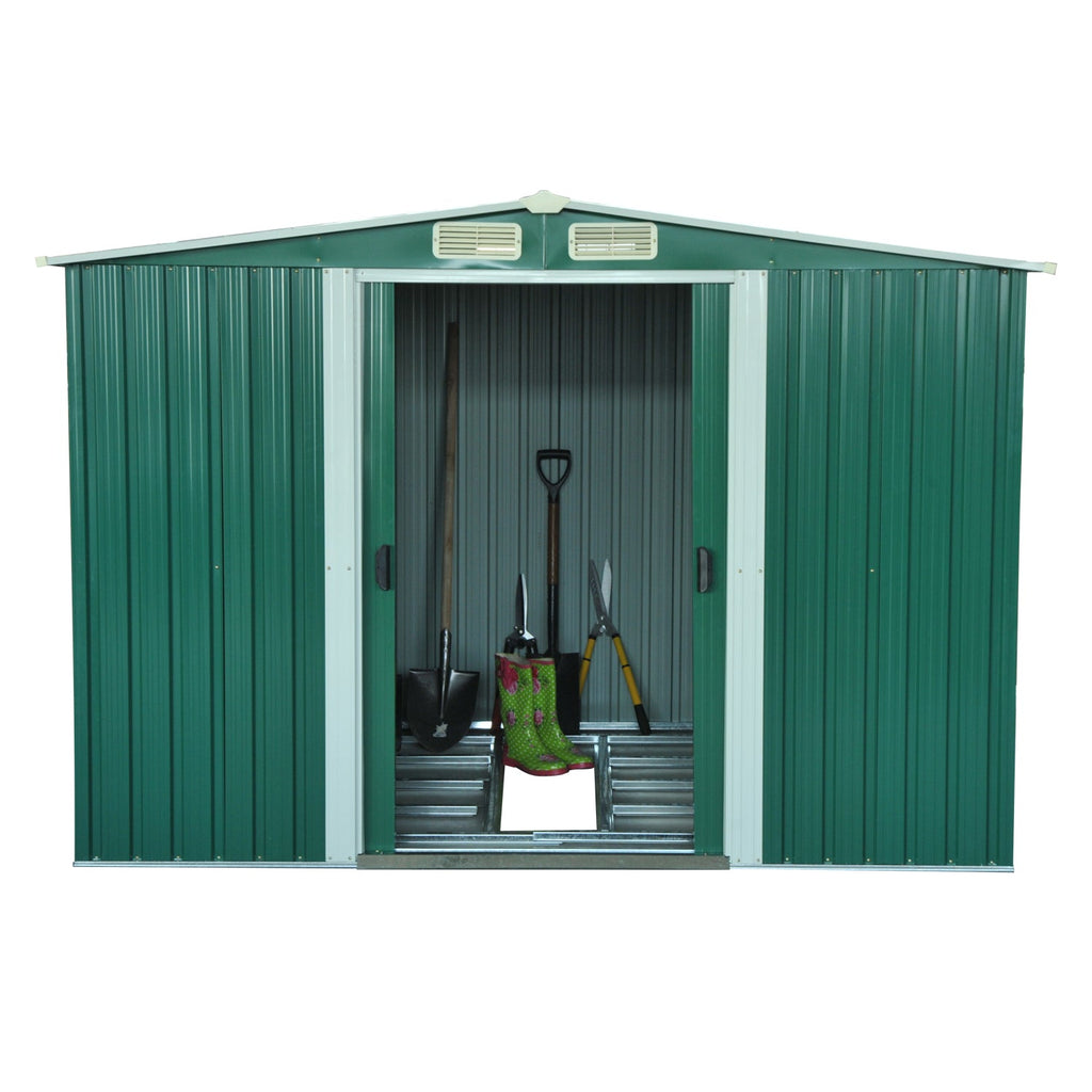 Abrigo de Jardim 258x206x178cm 5,3m² Abrigo de Aço Galvanizado com Portas de Correr e Ventilações para Armazenamento de Ferramentas Jardinagem Verde