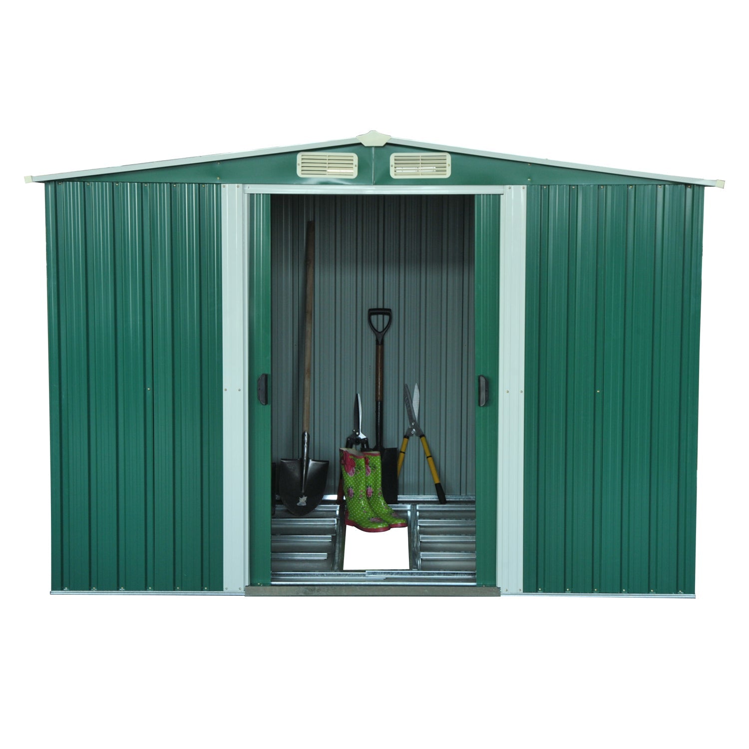 Abrigo de Jardim 258x206x178cm 5,3m² Abrigo de Aço Galvanizado com Portas de Correr e Ventilações para Armazenamento de Ferramentas Jardinagem Verde