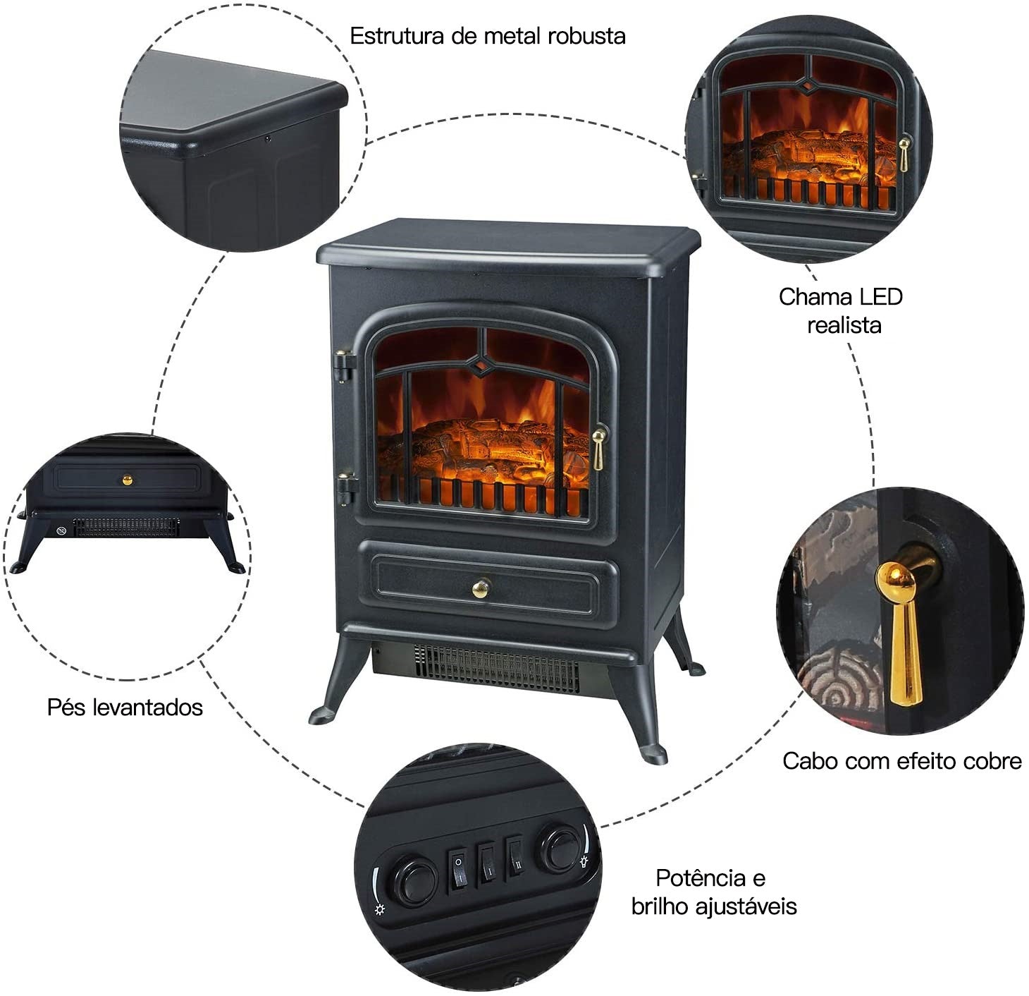 Lareira Elétrica Portátil 1000/2000W com Efeito de Chama Realista Termostato e Proteção Contra Superaquecimento para Ambientes entre 15-20m² 45x28x54cm Preto
