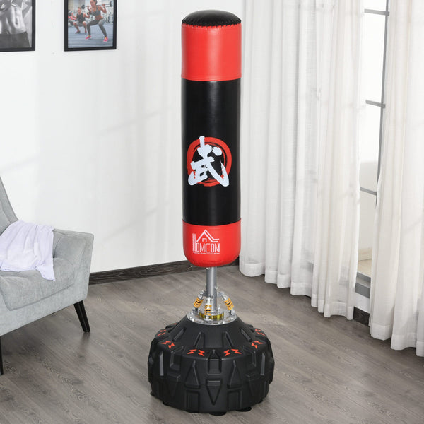 Saco de Boxe em Pé Saco de Boxe para Adultos com Grande Base Preenchível de Areia e Água e Molas Amortecedoras Ø60x180 cm Preto e Vermelho